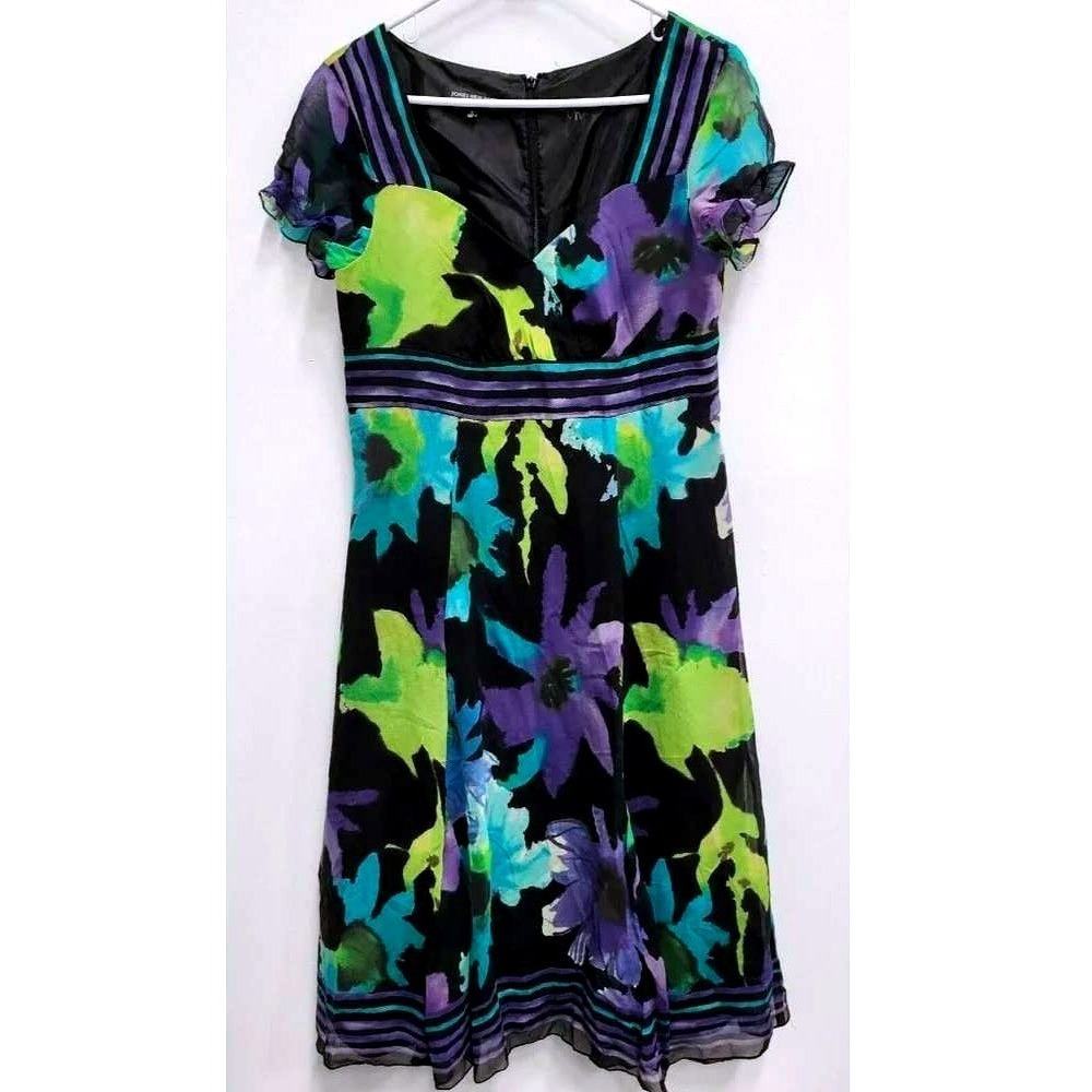 VTG Y2K Jones New York Dress Womens 12 Black Floral Silk Empire Waist Midi